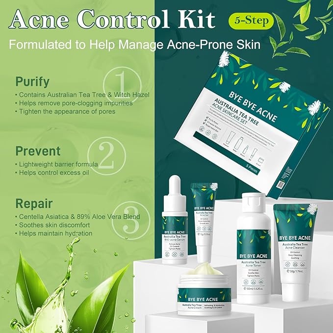 Skin Care Set,Acne Treatment for Face Skin Care Sets & Kits,Tea Tree Essential Oil Facial Skincare Gift Set with Cleanser,Toner,Serum,Gel, Acne Treatment Kit Cream Skin Care for Teens 10-12 Girls Boys