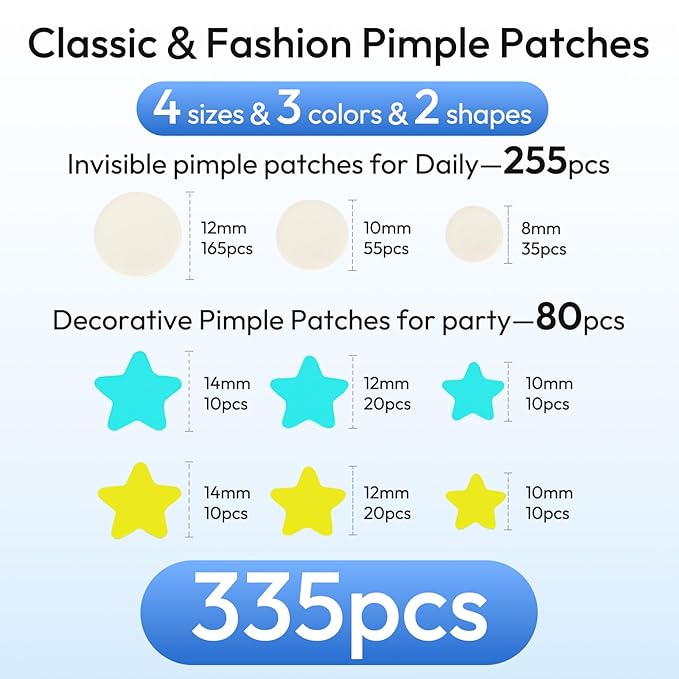 Pimple Patches for Face 335 Patches-255 Round & 80 Star Cute Coloful Acne Patches,Hydrocolloid Pimple Patch Colorful Spot Stickers w/Tea Tree, Salicylic Acid & Cica Oil| Classic & Fashion Zit Covers