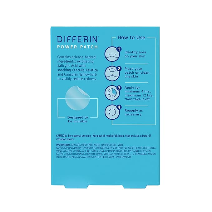 Differin Acne Patches, Pimple Patches for Acne Prone Skin, Formulated with Salicylic Acid and Centella, Fast Triple Action Power Patch for Day & Night, Dermatologist Tested, 36 Count