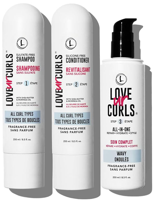 Love Ur Curls Fragrance Free Curly Shampoo and Conditioner Set with All in One Curl Cream Styler for Wavy Hair, 3 Step System to Repair, 200 mL