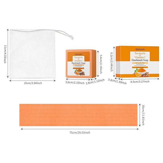 Natural Turmeric Soap Bar for Dark Spot- Vitamin C Dark Spot Remover for Face, Skin Care Sets, Facial Skin Care Products, Even Skin Tone, 3 Pack with African Net Sponge (3.53 Oz/Pcs)