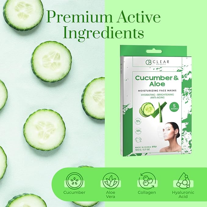 Cucumber & Aloe Moisturizing Face Mask - Dermatologist Tested, Soothes Irritated Skin, Reduces Wrinkles & Fine Lines, Hydrating, Cruelty-Free Korean Skin Care - All Skin Types - 4 Pack