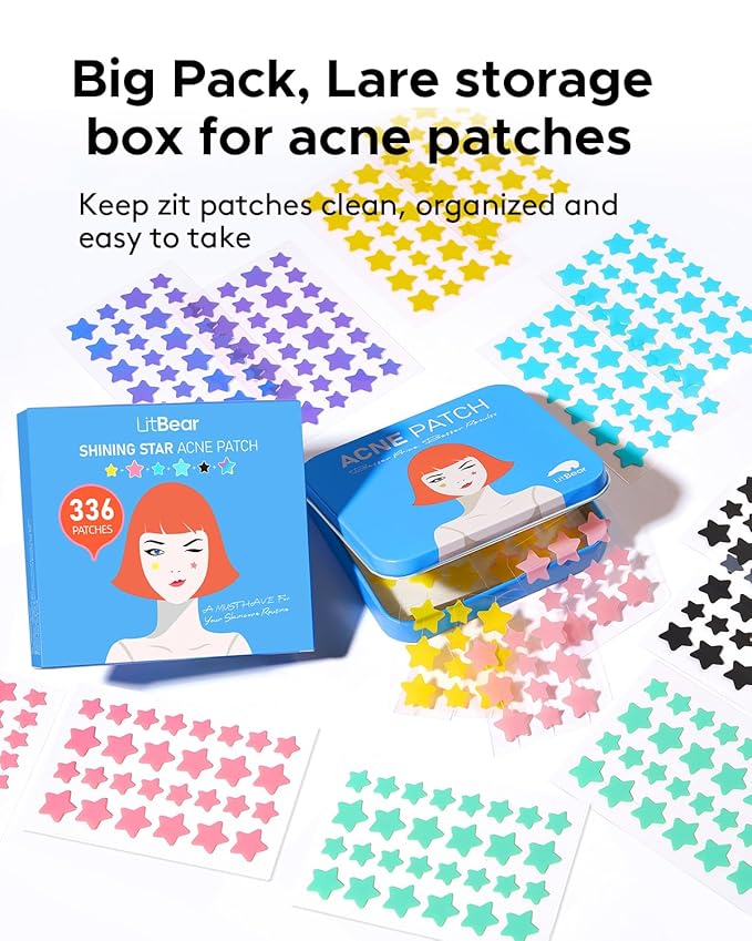 LitBear Acne Patch Pimple Patch, 6 Colors 336 Dots Star Pimple Patches with Tea Tree Oil & Centella Oil, Hydrocolloid Acne Pimple Patches for Face Cute Zit Patches Pimple Stickers Acne Dots