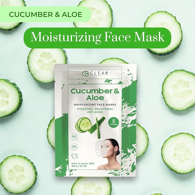 Cucumber & Aloe Moisturizing Face Mask - Dermatologist Tested, Soothes Irritated Skin, Reduces Wrinkles & Fine Lines, Hydrating, Cruelty-Free Korean Skin Care - All Skin Types - 4 Pack
