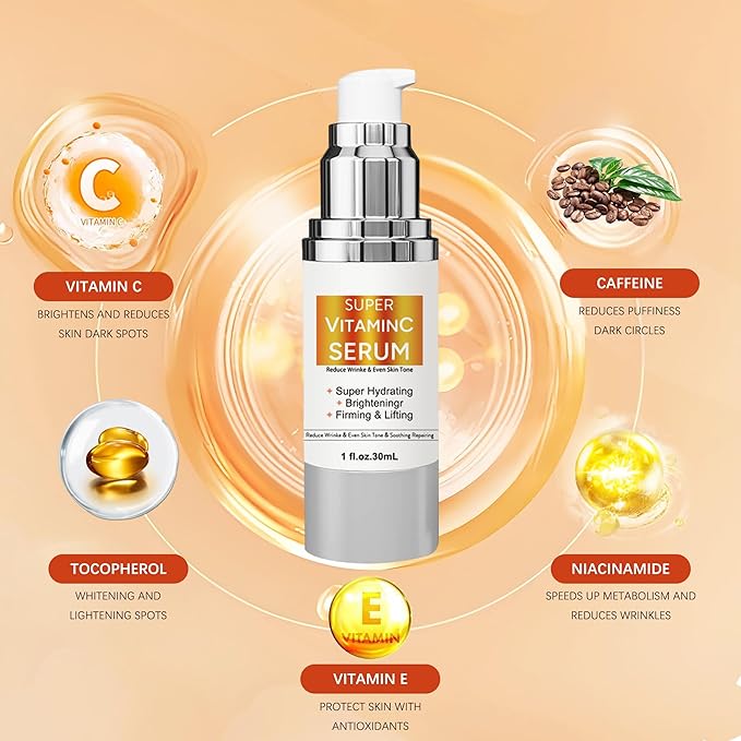 Super Vitamin C Serum for Women Over 70: Advanced Anti-Aging Vitamin C, Niacinamide, Vitamin E & Caffeine Formula,Hydrates, Firms, Lifts, Targets Wrinkles & Dark Spots, 1.0 fl. oz.
