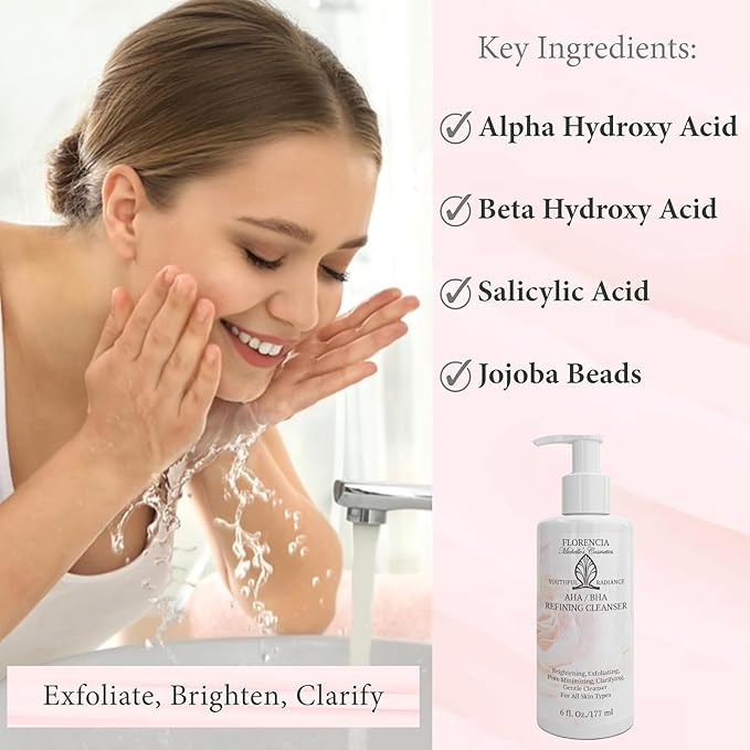 Florencia AHA BHA Refining Cleanser - Gentle Daily Exfoliating Face Wash with Glycolic, Salicylic, Lactic Acid, and Jojoba Beads - Pore Perfecting Facial Cleanser, 6 oz