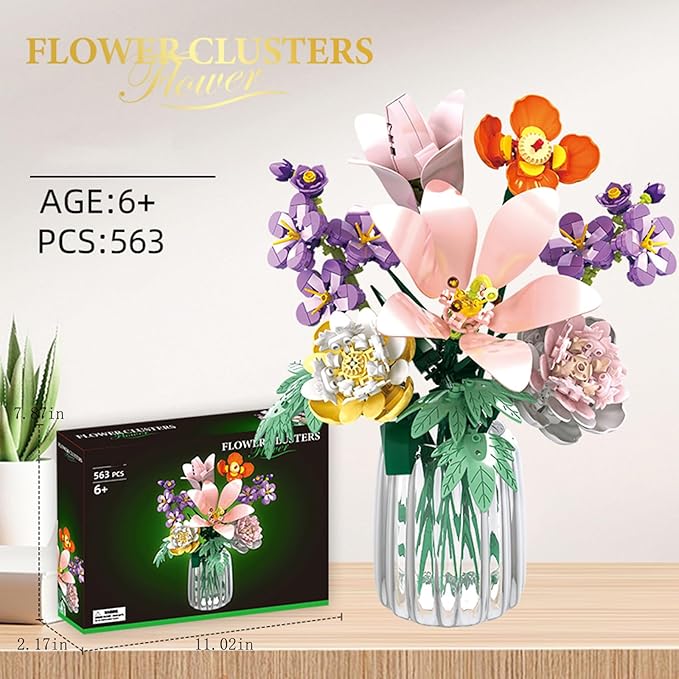Flower Lily Building Blocks Bouquet Set, DIY Floral Arrangement Kit, Artificial Flowers Creative Decor for Home, Ideal Gift for Adults & Kids 563pcs (No Vase)