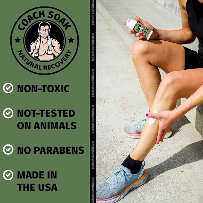 Coach Soak Magnesium Cream with MSM in Pump Bottle - Natural Recovery Cream with Magnesium Chloride & Menthol - Fast-Absorbing for Muscles & Joints, Eucalyptus 3.4oz