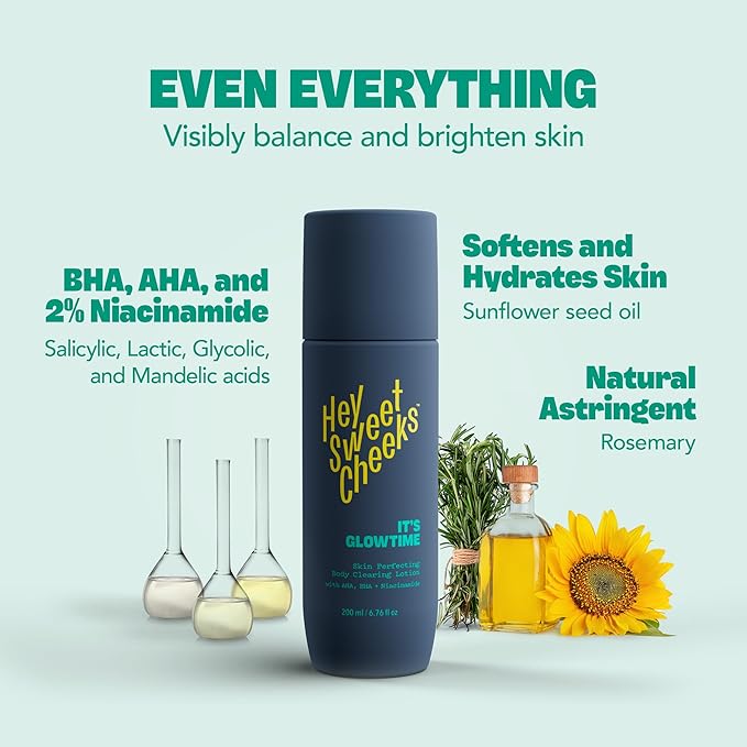 Skin Perfecting Body Blemish Treatment Lotion, AHA & BHA Glycolic Acid Body Lotion for Butt Blemish, Dark Spots, and Radiant Glow, It's Glowtime by Hey Sweet Cheeks, 6.76 oz