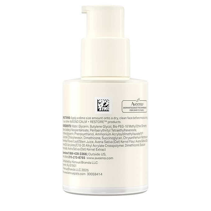 Aveeno Calm + Restore Triple Oat Hydrating Face Serum for Sensitive Skin, Gentle Lightweight Facial Serum Instantly Smooths Skin, Non-Comedogenic, Hypoallergenic & Fragrance-Free, 1 fl. oz