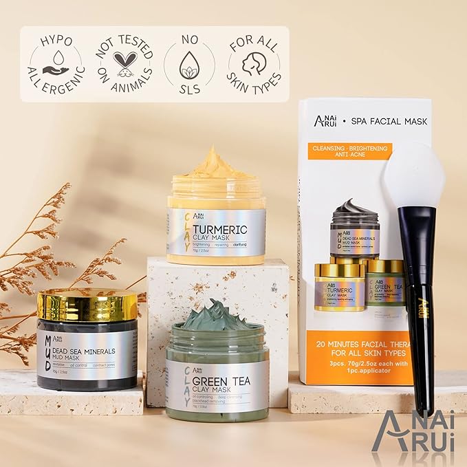 ANAI RUI Turmeric Clay Mask - Green Tea Clay Mask - Dead Sea Minerals Mud Mask, Spa Facial Mask Set, Face Mask Gift Set 2.5 oz each
