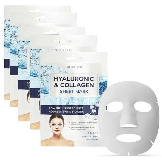 Hyaluronic Acid & Collagen Sheet Mask - Hydrating, Anti-Aging, Firming - Dermatologist Tested Korean Skincare - Clean Beauty, Natural Ingredients, Cruelty-Free, All Skin Types - 5 Masks