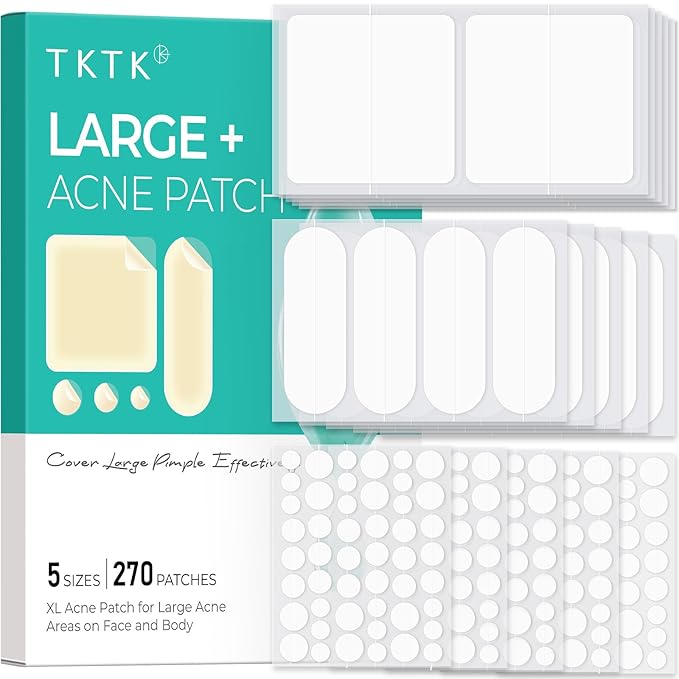 TKTK Hydrocolloid Bandages, 45 x 45 mm Large Pimple Patches for Face, XL Acne Patches for Body, Back, Forehead, Cheek Zit Breakouts, Big Hydrocolloid Patch (Square, Strip, Dot 5 Sizes 270 Count)