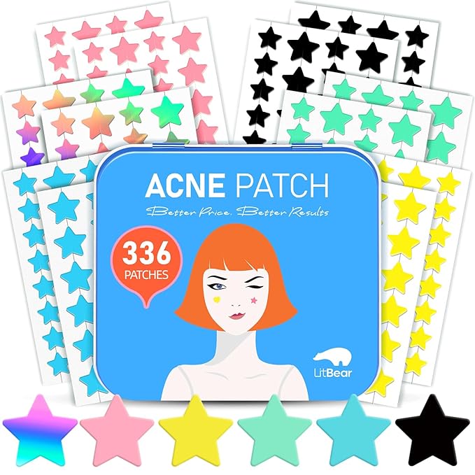 LitBear Acne Patch Pimple Patch, 6 Colors 336 Dots Star Pimple Patches with Tea Tree Oil & Centella Oil, Hydrocolloid Acne Pimple Patches for Face Cute Zit Patches Pimple Stickers Acne Dots