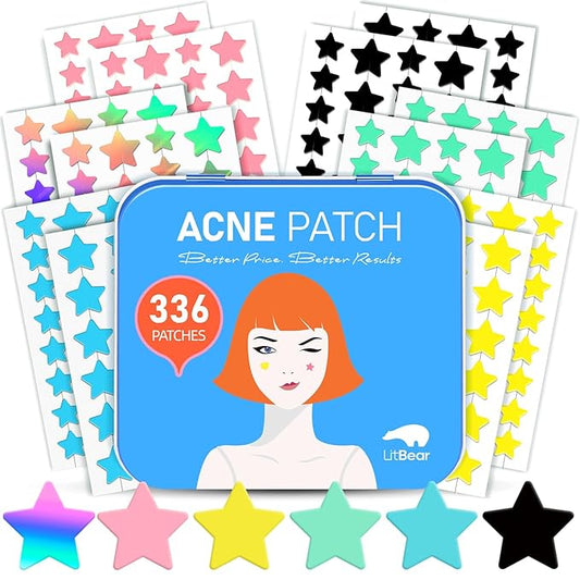 LitBear Acne Patch Pimple Patch, 6 Colors 336 Dots Star Pimple Patches with Tea Tree Oil & Centella Oil, Hydrocolloid Acne Pimple Patches for Face Cute Zit Patches Pimple Stickers Acne Dots