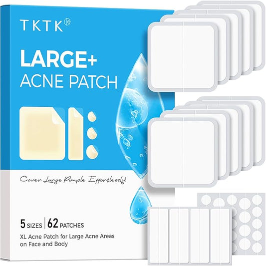 TKTK Large Pimple Patches, 60 mm XL Acne Patches, Big Hydrocolloid Bandages for Body, Face, Forehead, Chin, Neck Zit Breakouts, Hydrocolloid Patch (Square, Strip, Dot 5 Sizes 62 Count)