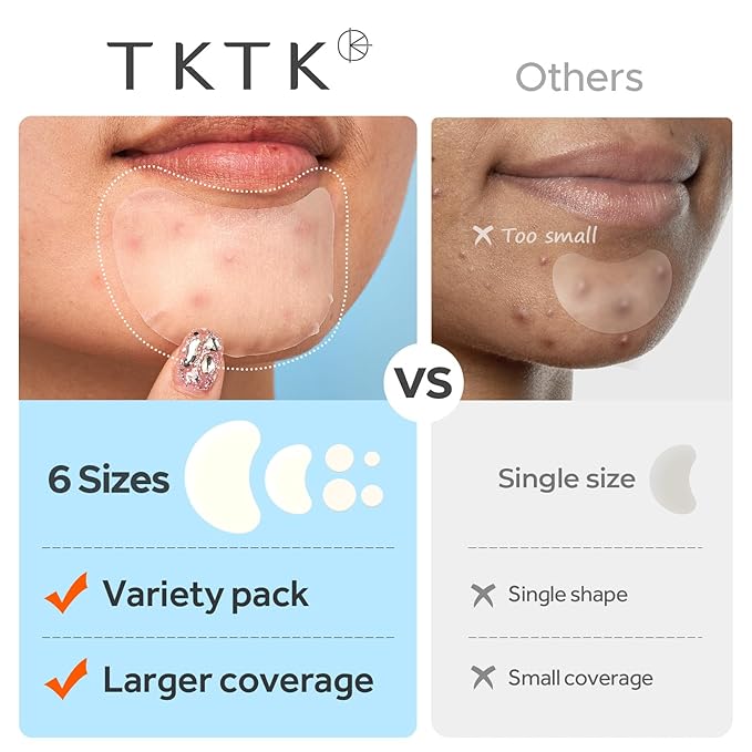 TKTK Chin Pimple Patches (100 Count 6 Sizes), XL Contoured Hydrocolloid Chin Patch 62x42 mm, Large Acne Patch for Face Blemishes Zit Breakouts, Maximum Absorption Overnight Stickers