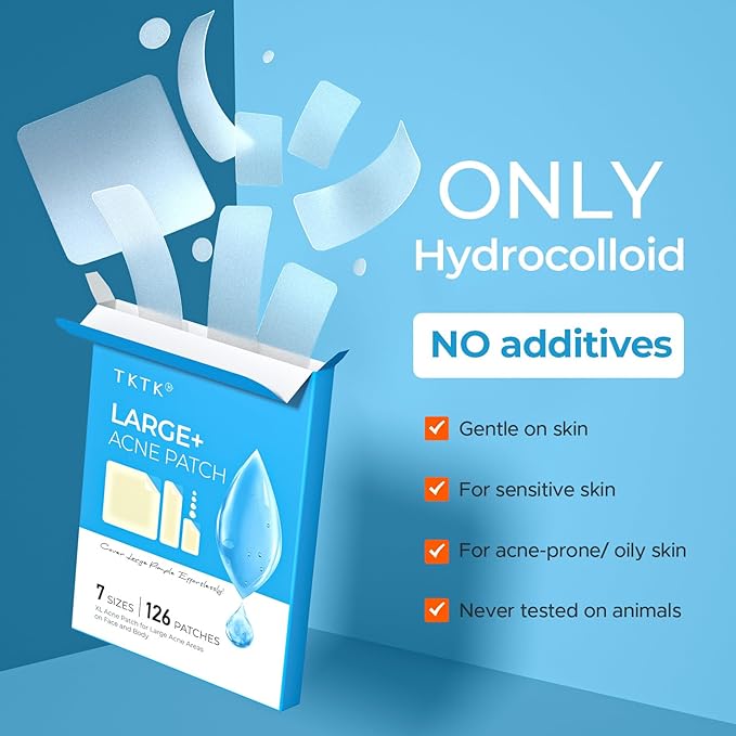 TKTK Large Pimple Patches for Face, 7 Sizes XL Acne Patches, Big Hydrocolloid Bandages for Body, Chin, Forehead, Chest, Back Zit Breakouts, Hydrocolloid Patch (Strip, Square, Dot 126 Count)