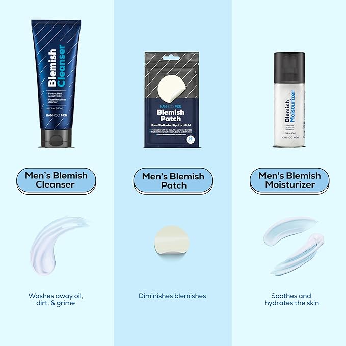 Hanhoo Men's Facial Care Kit, Blemish Cleanser 5.07 Fl. Oz., Blemish Moisturizer 2.02 Fl. Oz., Blemish Patch 36 Ct, with Bamboo, Hyaluronic Acid, and Green Tea, Men's Acne Skin Care Kit, Acne Regimen