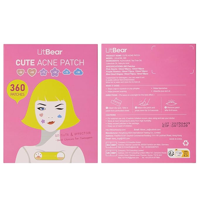 LitBear Acne Pimple Patch, 360 Dots 3 Shaped Colors Pimple Patches with Salicylic Acid, Tea Tree Oil & Calendula Oil, Hydrocolloid Acne Patch for Face, Blemish, Cute Zit Patch Pimple Sticker Acne Dots