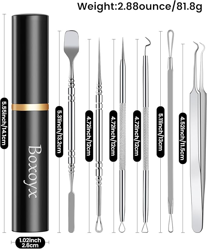 Pimple Popper Tool Kit - Boxoyx 6 Pcs Pore Prep Blackhead Remover Comedone Extractor Kit with Box for Quick and Easy Removal of Pimples, Blackheads, Zit Removing, Forehead,Facial and Nose (Silver)