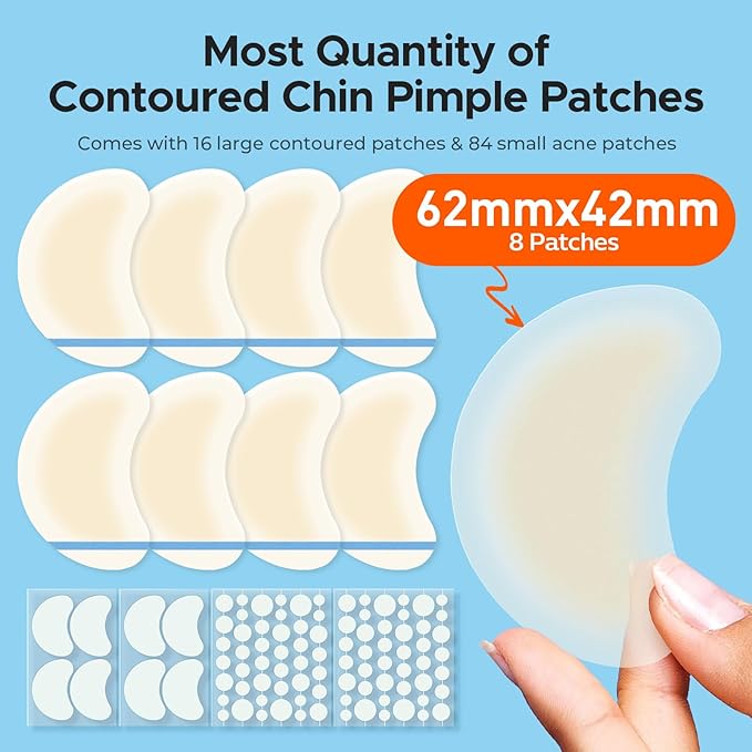 TKTK Chin Pimple Patches (100 Count 6 Sizes), XL Contoured Hydrocolloid Chin Patch 62x42 mm, Large Acne Patch for Face Blemishes Zit Breakouts, Maximum Absorption Overnight Stickers