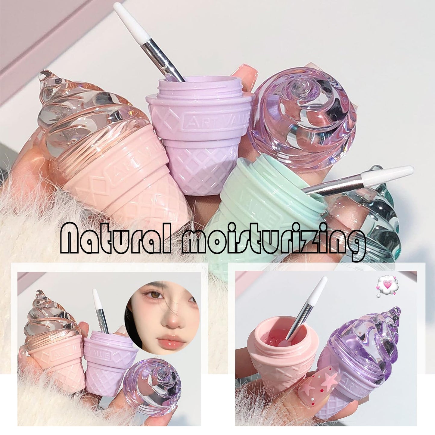 3Pcs Cute Hydrating Lip Gloss Set, Lip Sleeping Mask, Ice Cream Solid Lip Balm for Grils, Nourish Lip Care Makeup Sweet Peach/Blueberry/Green Apple Flavours