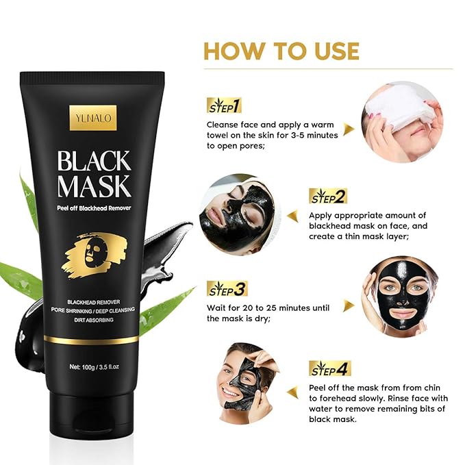 YLNALO Blackhead Remover Mask Kit, Charcoal Peel Off Facial Mask with Brush and Pimple Extractors, Deep Cleansing for Face Nose Blackhead Pores Acne, For All Skin Types (3.5 Fl.oz)