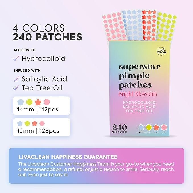 LivaClean 240 CT Cute Pimple Patches for Face w/Salicylic Acid & Tea Tree, Hydrocolloid Acne Patches Cute Flower Pimple Patch for Healing, Adorable Face Stickers, Zit Patch