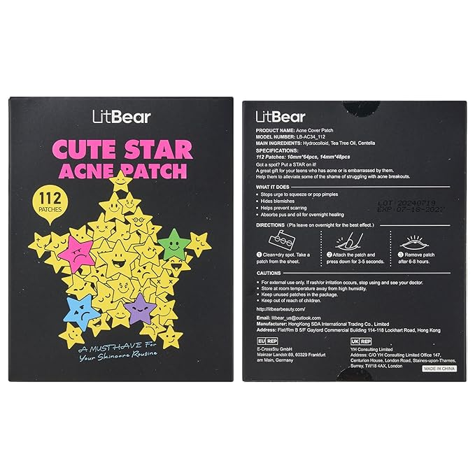 LitBear Acne Patch Pimple Patch, Colorful Star Hydrocolloid Acne Patches For Face, Cute Zit Patch Acne Sticker Spot Pimple Patches for Face, Tea Tree Oil + Centella (112 Count)