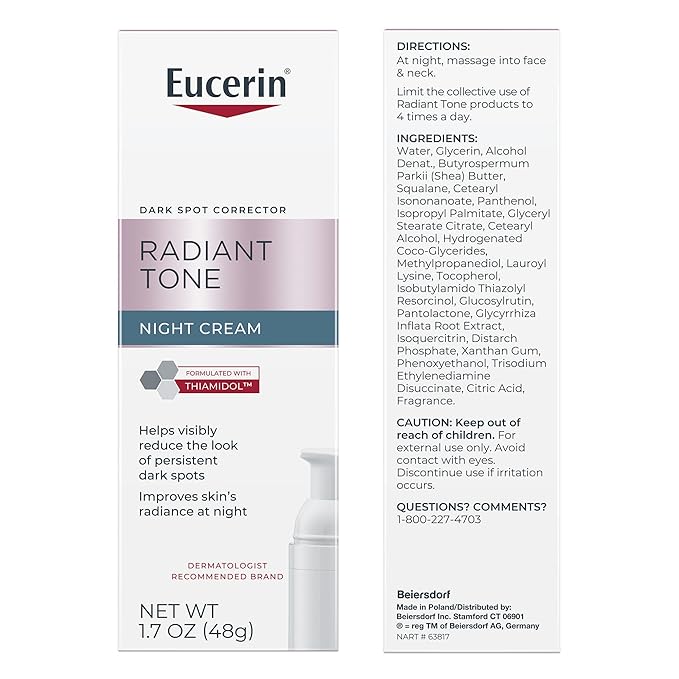 Eucerin Radiant Tone Night Cream, Dark Spot Corrector with Thiamidol, Night Moisturizer for Face Helps Visibly Reduce the Look of Persistent Dark Spots, All Skin Types, 1.7 Oz Bottle