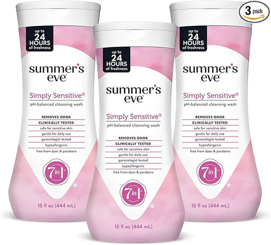 Summer's Eve Simply Sensitive Daily Gentle All Over Feminine Body Wash, Removes Odor, Feminine Wash pH Balanced, 15 fl oz, 3 Pack