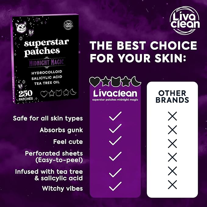 LivaClean 250CT Black Star Pimple Patches Midnight Magic w/Salicylic Acid & Tea Tree Oil - Pimple Patches for Face, Hydrocolloid Acne Patch, Cute Face Stickers, Zit Patch