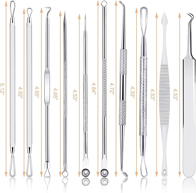 MENOLY Pimple Popper Tool Kit 10 Pcs Blackhead Remover Tool Zit Popper for Blemish, Pimple Comedone Extractor Acne Tool for Blackheads, Acnes, Whiteheads Nose Face with Leather Bag