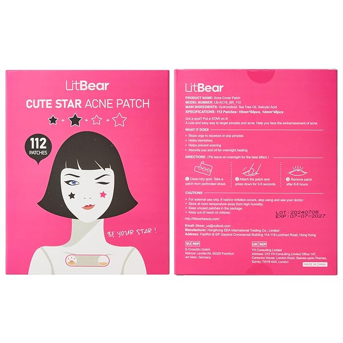 LitBear Star Pimple Patches, Black & Pink Hydrocolloid Acne Patch with Tea Tree Oil & Centella, Cute Pimple Stickers Zits Patch For Face Blemished Spot Patch Acne Dots, 112 Patches, 14mm & 10mm