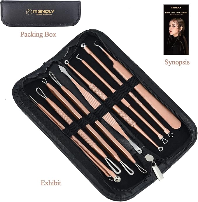 Pimple Popper Tool Kit, MENOLY 10 Pcs Blackhead Remover Comedone Extractor Acne Removal Kit for Blemish, Whitehead Popping,Zit Removing for Nose Face Tools with a Leather Bag (Rose Gold)