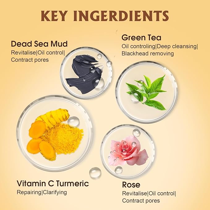 4 Pack Clay Mask, Vitamin C Turmeric Dead Sea Mud Facial Mask, Rose, Green Tea Clay Masque Set - Weekly Self Care Spa Gift for Women and Men, Skincare for Deep Cleansing Pore Minimizing Face Treatment
