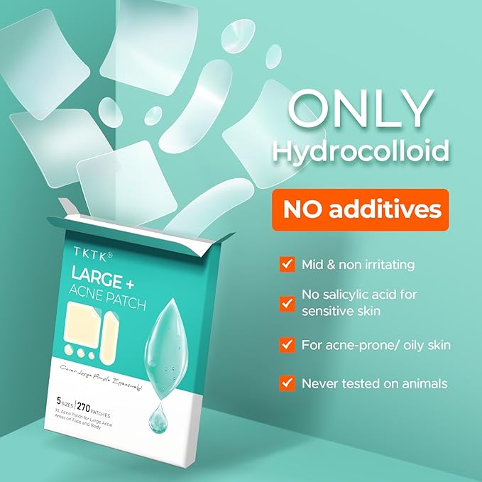 TKTK Hydrocolloid Bandages, 45 x 45 mm Large Pimple Patches for Face, XL Acne Patches for Body, Back, Forehead, Cheek Zit Breakouts, Big Hydrocolloid Patch (Square, Strip, Dot 5 Sizes 270 Count)