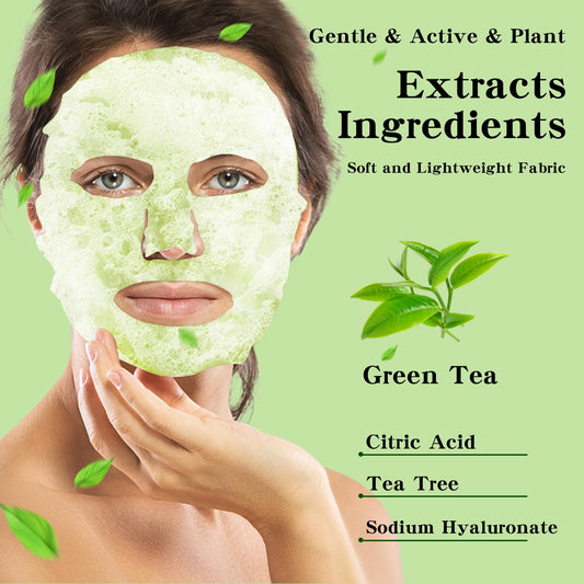 10 Pack Green Tea O2 Bubble Face Masks Sheet, Bubble Facial Mask, Foaming Face Mask, Purifying Facial Mask for Acne and Pores, Moisturizing Spa Face Masks Skincare, Brightening Beauty Masks