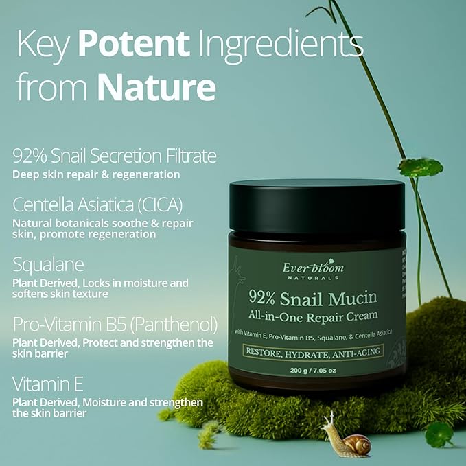 92% Snail Mucin Face Moisturizer Cream Large 7oz with Centella Asiatica, Squalane & Vitamin E, Lightweight Hydrating Korean Skin Care, Repair Cream for Dull Skin, Fine Lines, Acne Sensitive Skin, CICA