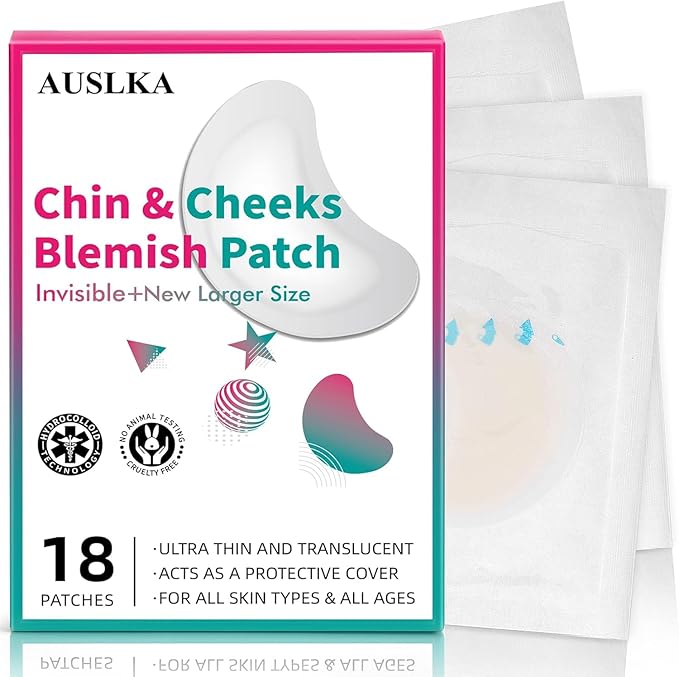 AUSLKA Pimple Patches for Face,Large Hydrocolloid Patches, Zit & Blemish, Large Spot Stickers for Chin, Cheeks, Body with Tea Tree & Calendula Oil, 18 Count