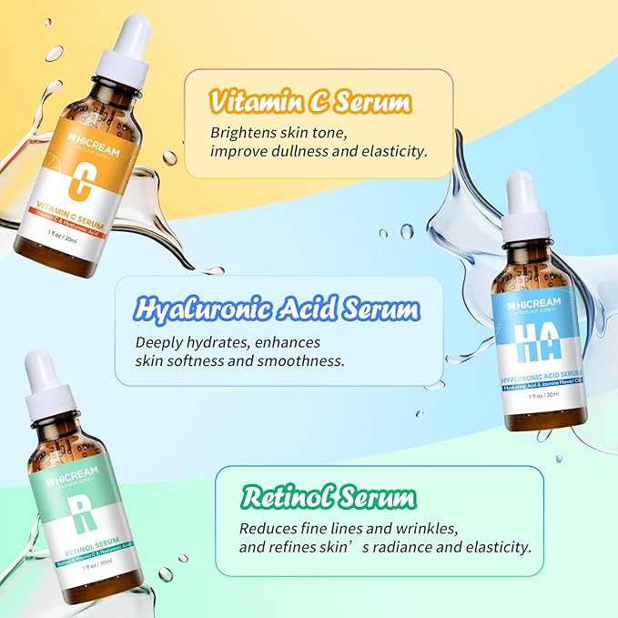 Face Serum Set 3-Pcs Set, Includes Vitamin C, Hyaluronic Acid & Retinol - Skin Care Set for Brightening, Firming, Hydrating - Facial Skin Care Set for Fine Lines, Dark Spot Corrector