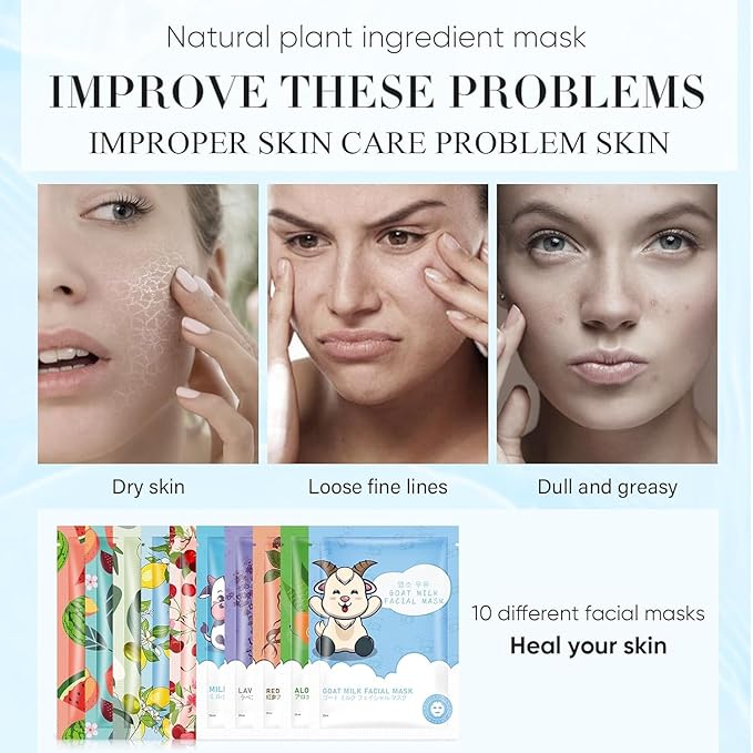 20 Pack Sheets Face Masks Skincare for All Skin Types, Hydrating Facial Masks, Watermelon, Aloe Vera, Peach, Oil Contral, Bulk Facial Mask for Women, Moisture Face sheet Masks for Spa