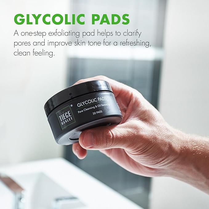 Tiege Hanley Glycolic Acid Pads for Men, 1-Pack - Exfoliating Face Cleansing Pads for Forehead, Nose & Cheeks - Men's Daily Skin Care Facial Wipes.18.5% Acid Complex (Glycolic, Salicylic & Lactic).