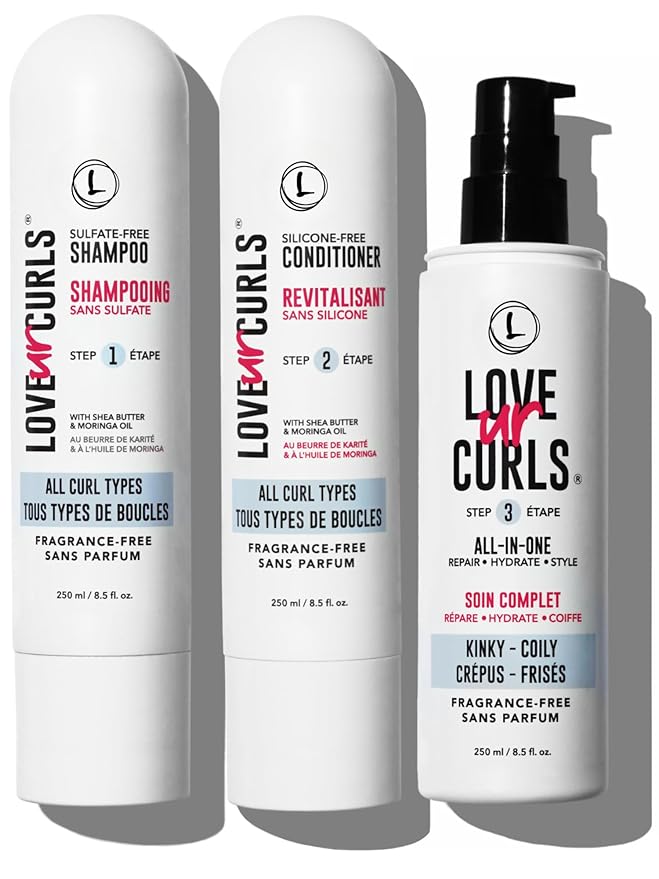 Love Ur Curls Fragrance Free Shampoo & Conditioner Set with All in One Curl Cream Styler for Kinky & Coily Hair, 3 Step System to Repair, 200 mL