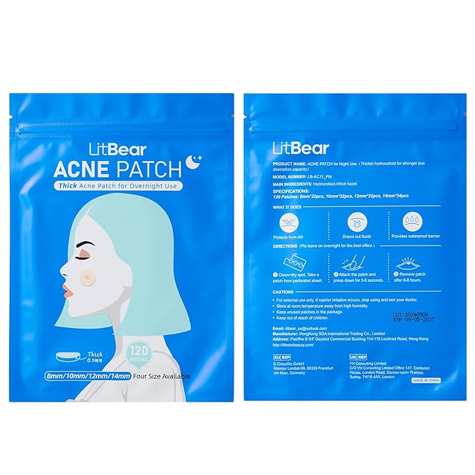 LitBear Acne Pimple Patches- Day and Night 4 Sizes 180 Dots Thin & Thick Hydrocolloid Patches with Witch Hazel, Tea Tree & Calendula Oil, Extra Adhesion for Face Zit Patch Dots