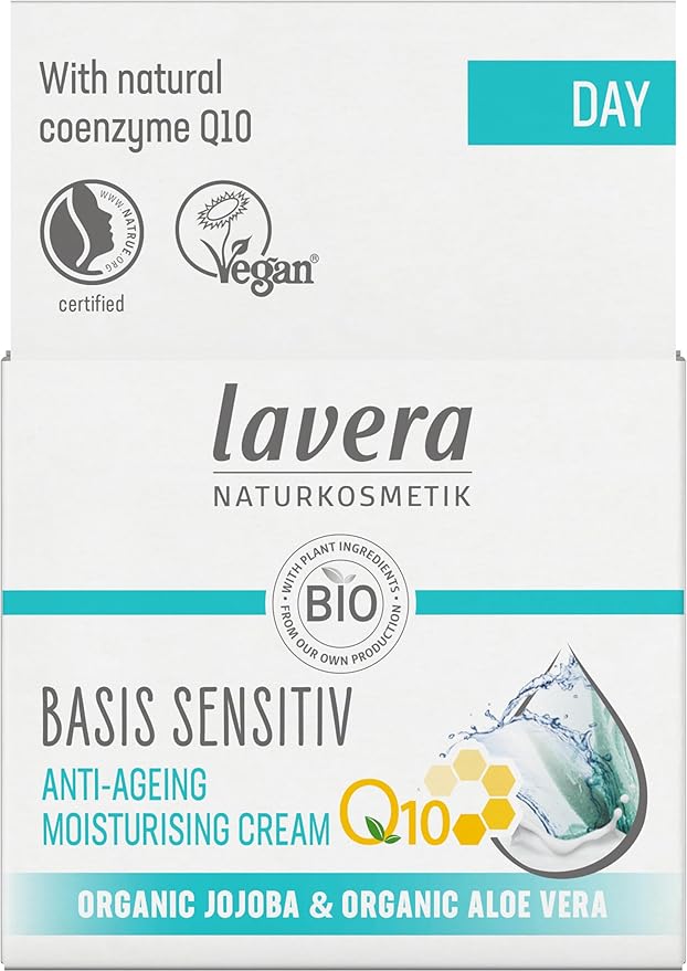 lavera Basis Sensitive Anti Wrinkle Moisturizing Cream - Face Cream with Q10 & Aloe Vera - Moisturizing Facial Cream - Anti Aging Cream - PETA Certified - Vegan - Made in Germany - 1.7 Fl Oz