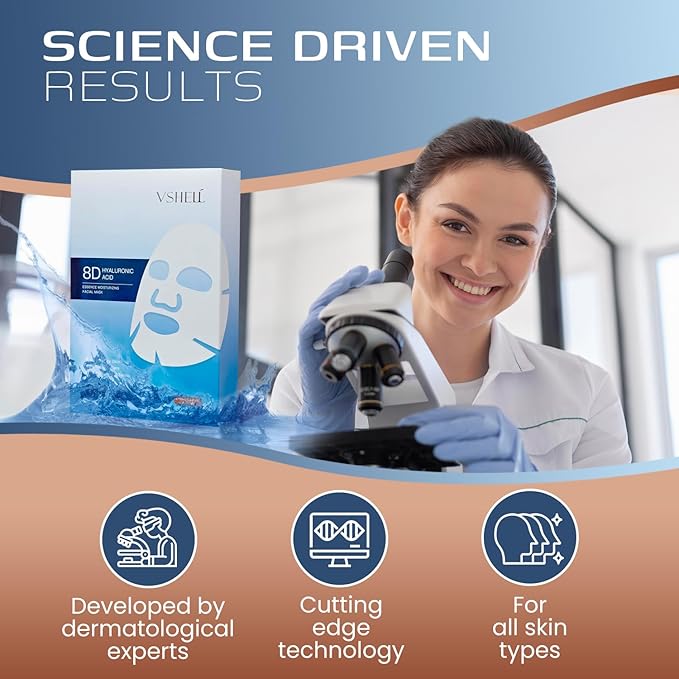 Hyaluronic Acid Face Sheet Mask, Set of 10 - Hydrating Korean Beauty Treatment - Moisturising Facial Skincare for Women and Men - With Aloe Vera, Trehalose and Anti Aging Squalene