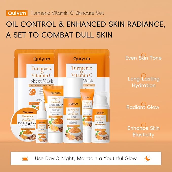Skin Care Set, Turmeric Vitamin C Skincare 7PCS - Skin Care for Women, Facial Skin Care Routine Set Kit, Dark Spot Remover for Face, Reduce Acne, Gifts Sets