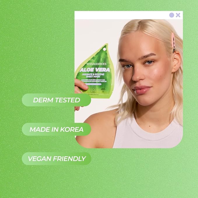 Vitamasques Aloe Vera Face Sheet Mask, Hydrating + Soothing, Sheet Mask Combined to Repair and Nourish the Facial skin (Pack of 3)